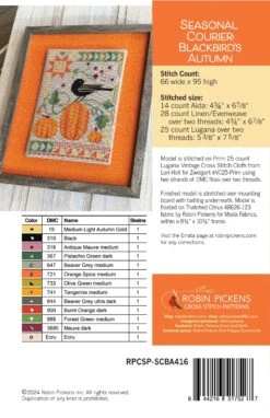 Seasonal Courier Cross Stitch Pattern - Blackbird's Autumn 7 Seasonal Courier Cross Stitch Pattern - Blackbird's Autumn -Olympus Handmade Store SeasonalCourier Blackbird sAutumn SCBA416 Pickens 1.30.24HRback