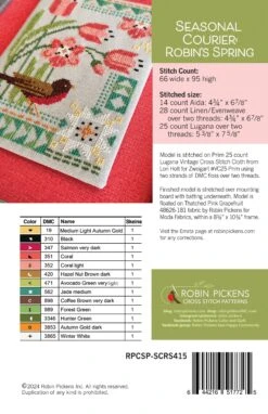 Seasonal Courier Cross Stitch Pattern - Robin's Spring -Olympus Handmade Store SeasonalCourier Robin sSpring SCRS414 Pickens 1.30.24backHR