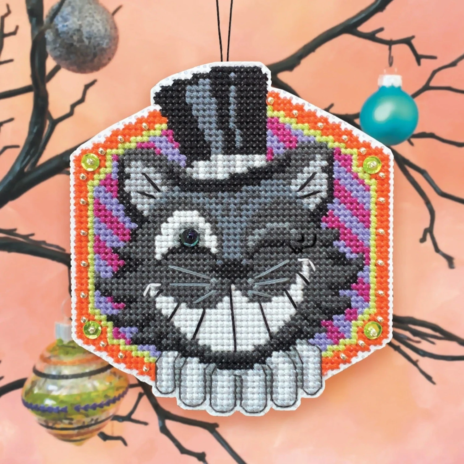 Cross Stitch Halloween Ornament Kit - The Marvelous Mr. Meow 3 Cross Stitch Halloween Ornament Kit - The Marvelous Mr. Meow