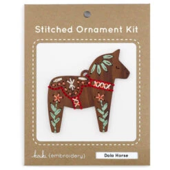 Hand Embroidered Wood Ornament Kit - Dala Horse -Olympus Handmade Store kiriki press hand embroidery holiday ornament kit dala horse 02
