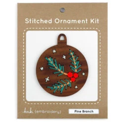 Hand Embroidered Wood Ornament Kit - Pine Branch -Olympus Handmade Store kiriki press hand embroidery holiday ornament kit pine branch 02
