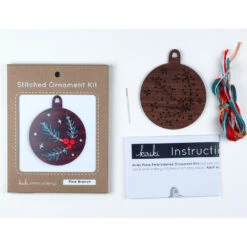Hand Embroidered Wood Ornament Kit - Pine Branch -Olympus Handmade Store kiriki press hand embroidery holiday ornament kit pine branch 03