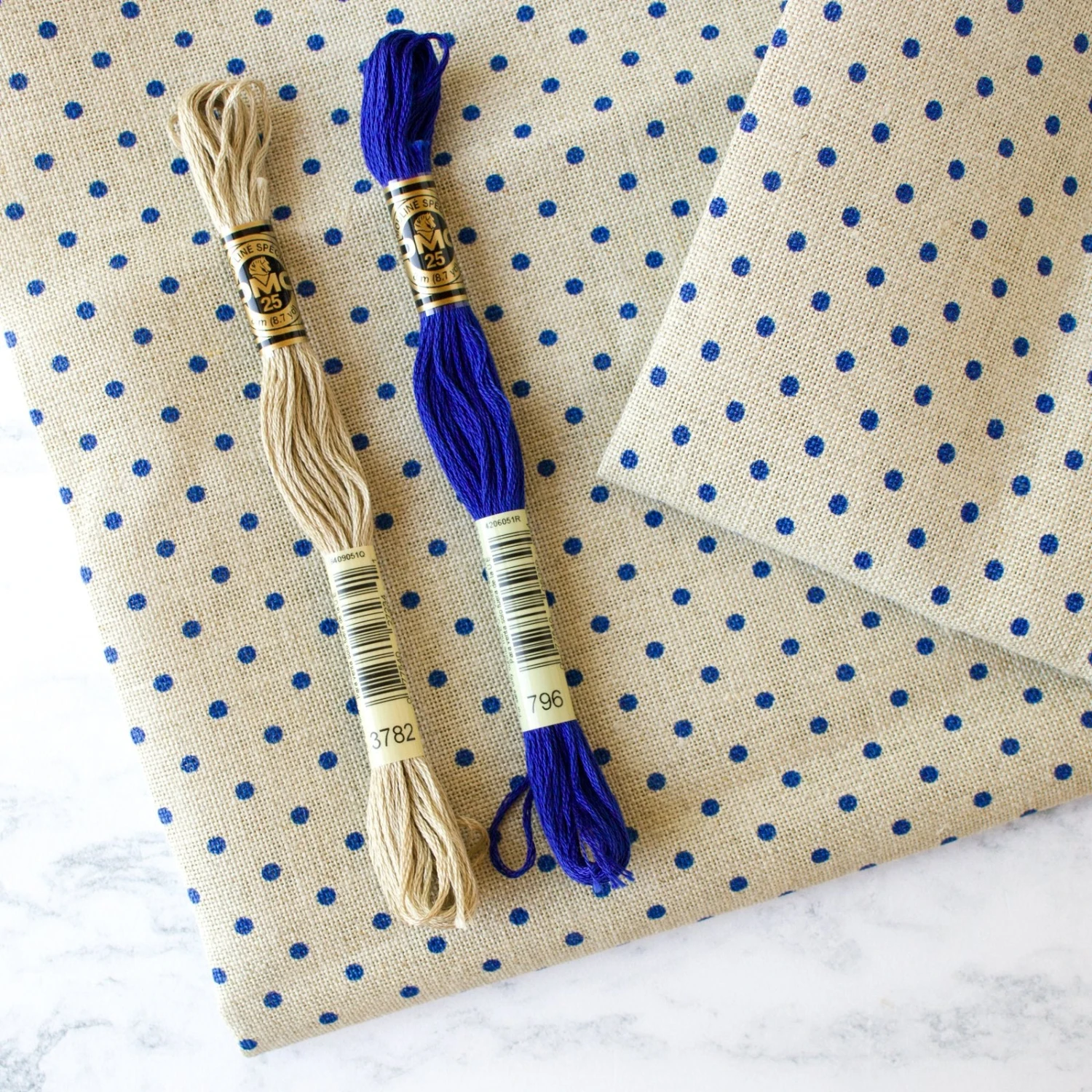 Natural/Blue Polka Dot Linen Fabric - 32 Count 5 Natural/Blue Polka Dot Linen Fabric - 32 Count - Image 3