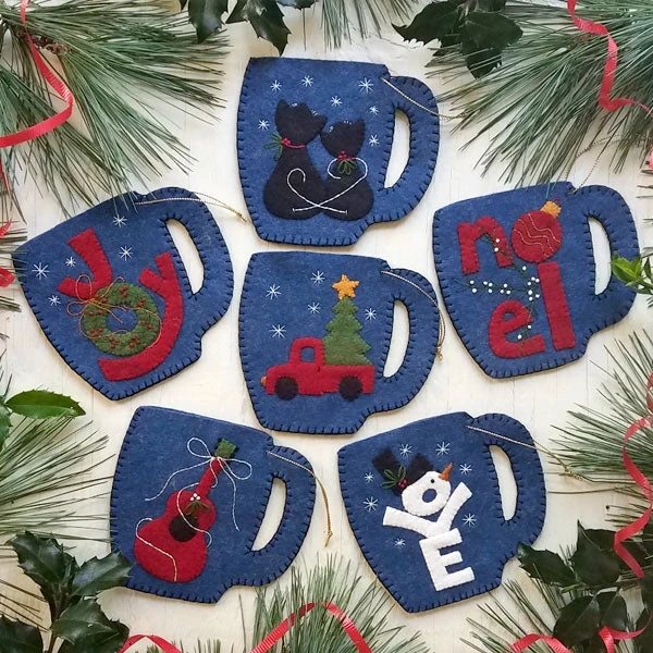 Merry Mugs Ornament Wool Felt Appliqué Kit 3 Merry Mugs Ornament Wool Felt Appliqué Kit